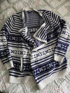 Lands' End Navy & White Fair Isle Cardigan Sweater